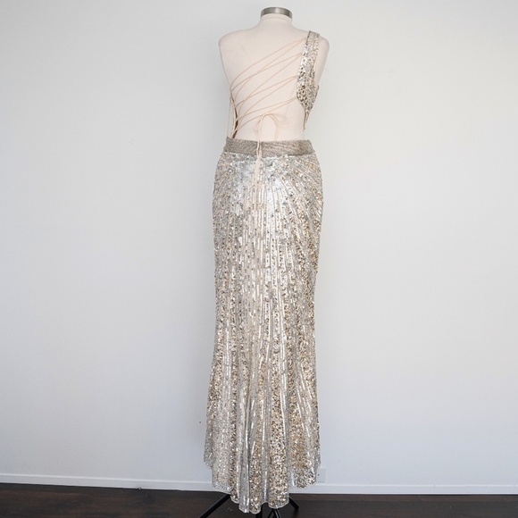 Mac Duggal. Sequined One Shoulder‎ Draped Lace Up Gown. - Picture 3 of 15